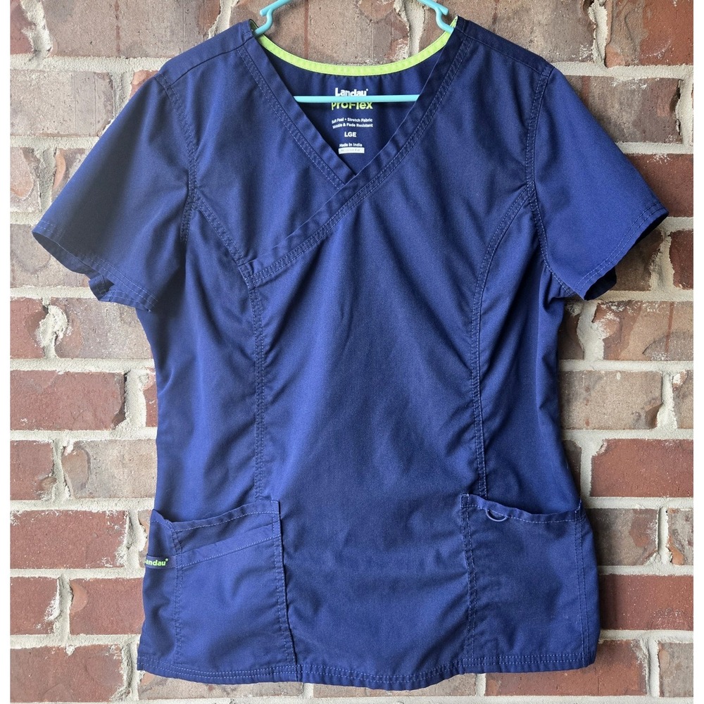 Landau ProFlex Scrub Top Womens L Blue V-Neck Short Sleeve Solid Modern Fit MPR7